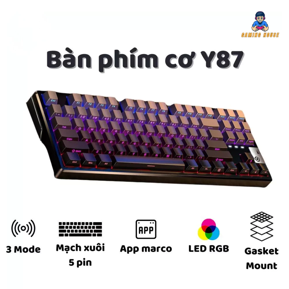 Bàn phím cơ không dây Y87 - 3 mode - Mạch xuôi 5 pin - App Marco - LED RGB - Full Foam