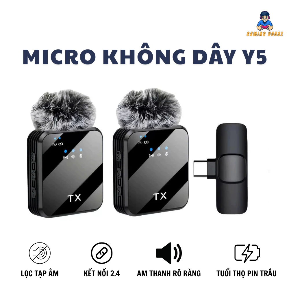 Micro Mic không dây Y5 dành cho điện thoại - Jack Lightning và Type-C - Tích hợp cổng sạc - Pin 20h - Gaming House