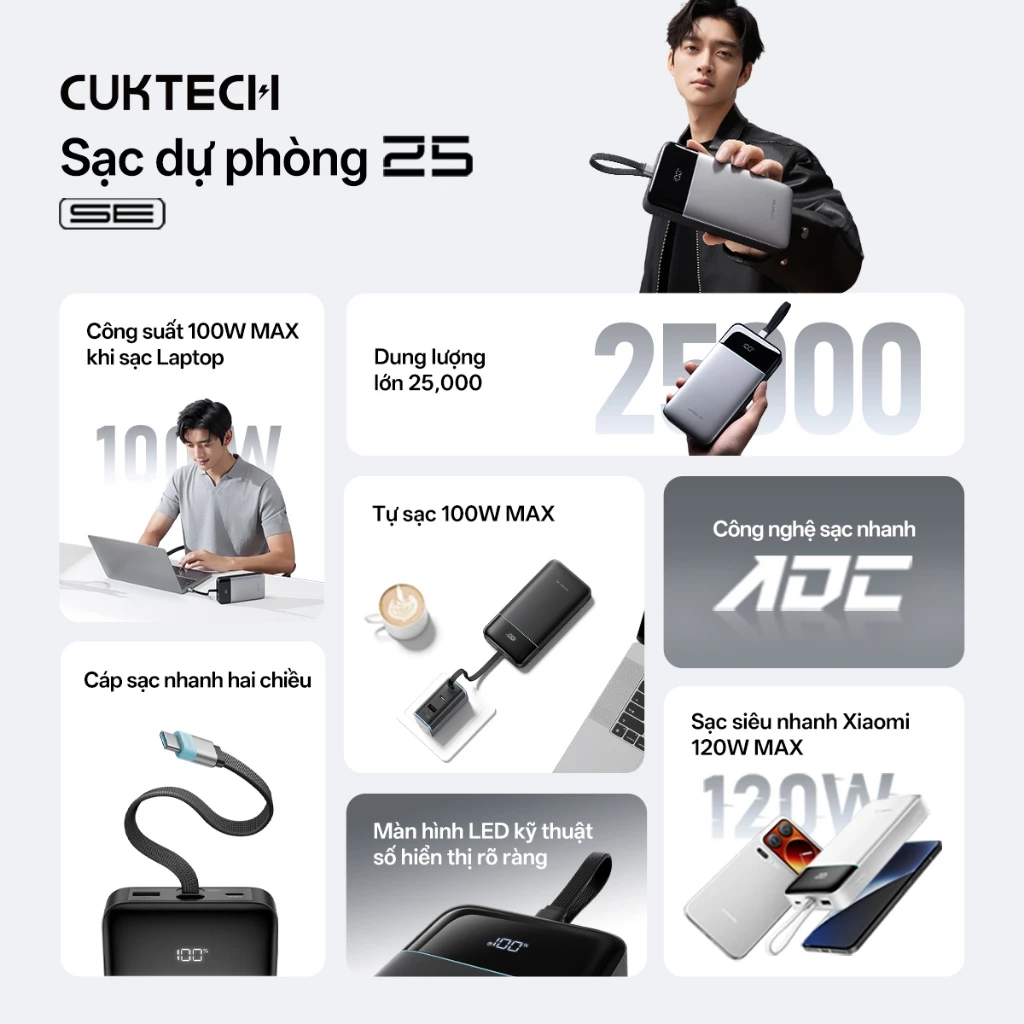 Pin Dự Phòng CUKTECH 25000mAh 120W - Sạc Nhanh Cho Laptop & iPhone
