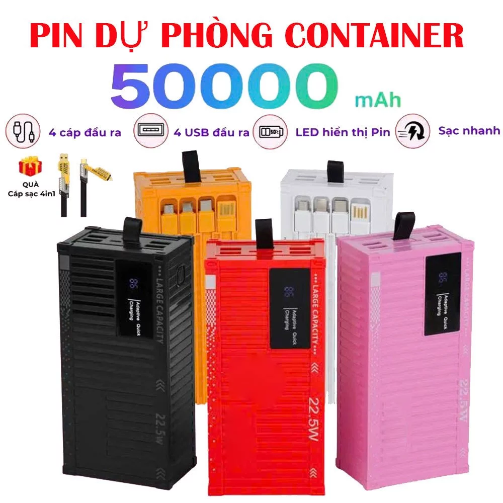Bộ sạc điện thoại kiểu dáng Container 50.000MAH - 120W, 4 cổng USB, sạc nhanh PD 20W, bảo hành 6 tháng - AUDIO365