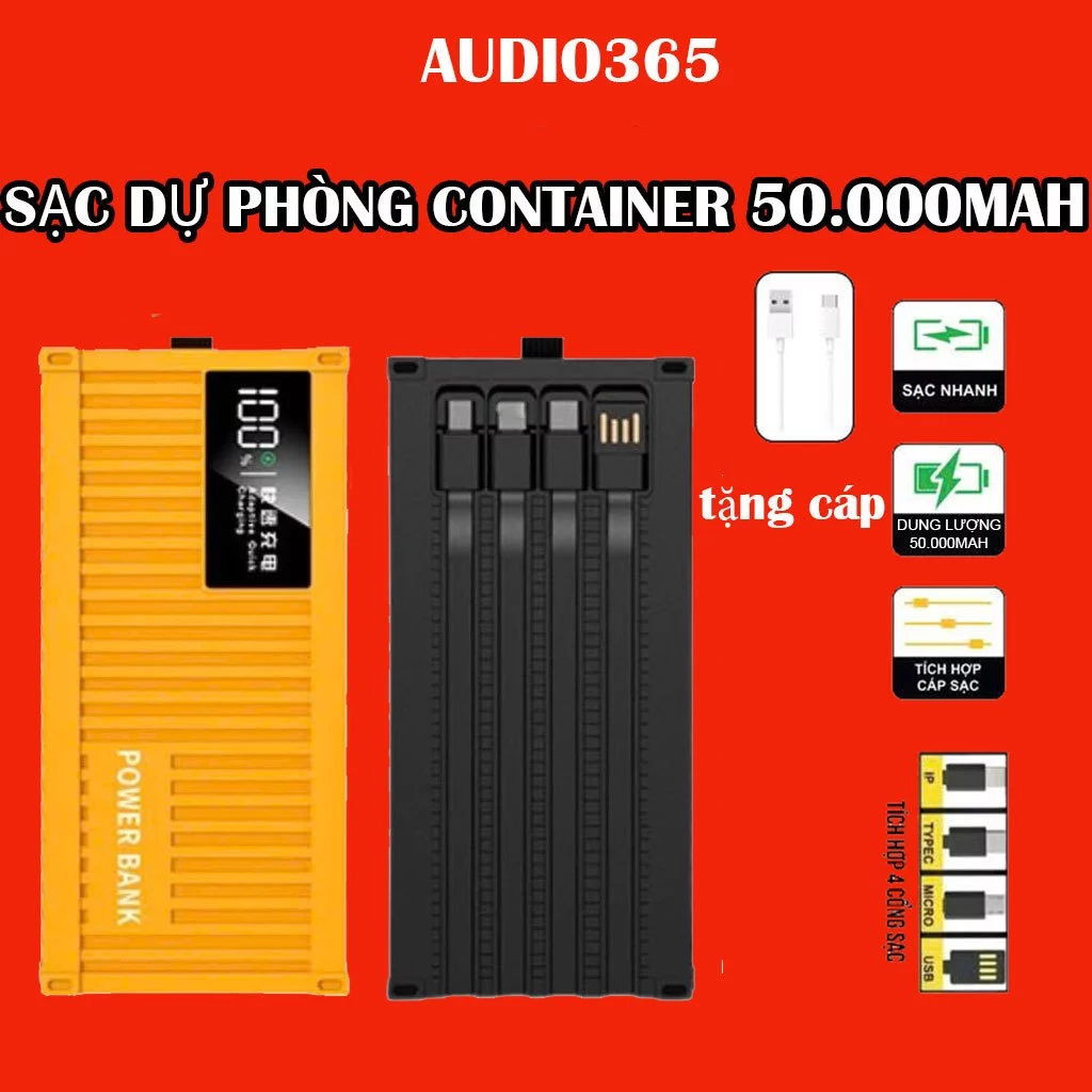 Bộ sạc Container 50.000MAH, công suất 120W, 4 cổng USB, sạc nhanh PD 20W, bảo hành 6 tháng - AUDIO365