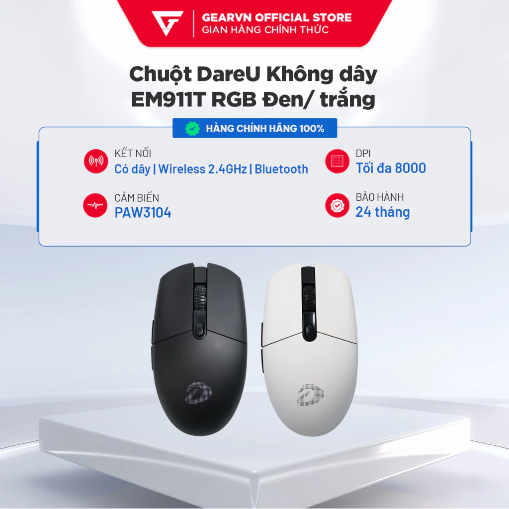 Chuột DareU Gaming Không dây EM911T RGB Led RGB Wired+2.4G+BT BH 24 tháng