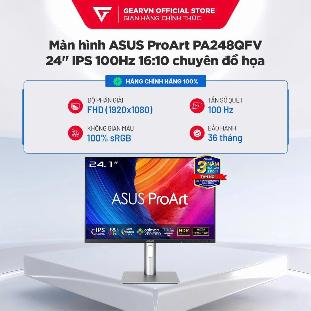 Màn Hình ASUS ProArt PA248QFV 24 inch IPS 100Hz | 16:10 WUXGA | Siêu Chuẩn màu Chuyên Đồ Họa BH 36 Tháng