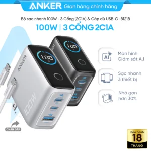 Bộ sạc nhanh Anker 100W Smart Display | 3 cổng 2C1A | Công nghệ GaN | Dành cho Laptop, iPhone - B121B