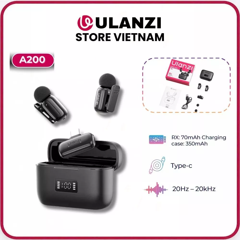 Ulanzi A200 - Micro Không Dây Lavalier Mini 48kHz/24bit, Khử Ồn AI, USB-C Cho Điện Thoại & Máy Tính