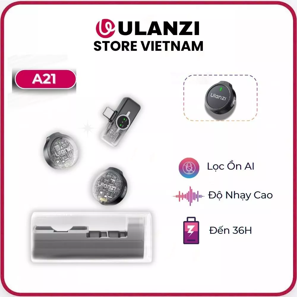 Ulanzi A21 - Micro Không Dây Thu Âm Cho Điện Thoại 32kHz/ 24bit, Khử Ồn AI, Pin 36 Giờ, Type C