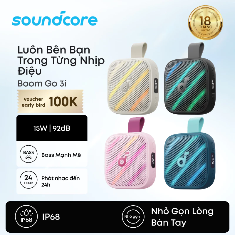 Loa Bluetooth Soundcore Boom Go 3i - Bass Mạnh, Chống Nước IP68, Pin 24H