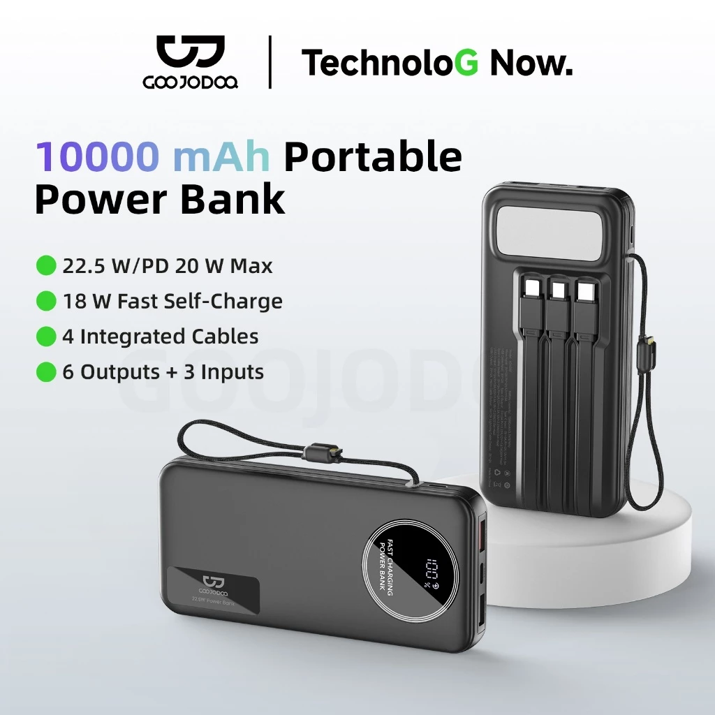 Sạc Dự Phòng 9 Cổng GOOJODOQ 20000mAh - Cáp Tích Hợp Sẵn, Sạc Nhanh PD, Có Màn Hình Số