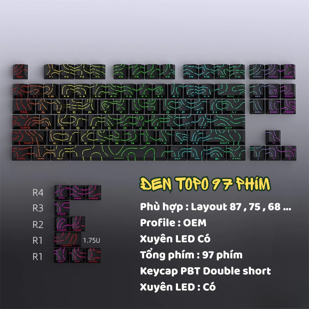 Set keycap các màu bộ Keycap Contour ToPo GRAPHIC - Xuyên Led - Mạch Xuôi - PBT Double shot 97 phím