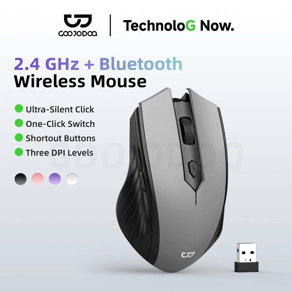 Chuột Không Dây GOOJODOQ 2 Chế Độ (2.4G+Bluetooth), Nút Êm, 3 DPI, Pin 500mAh Sạc Type-C