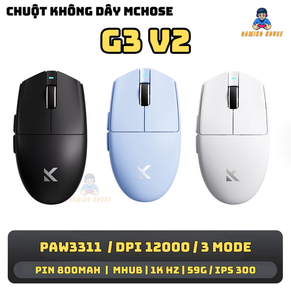 Hoả tốc Chuột không dây Mchose G3 V2 - 3 mode kết nối - Pin 800mah - Chip 3311 - DPI 22000