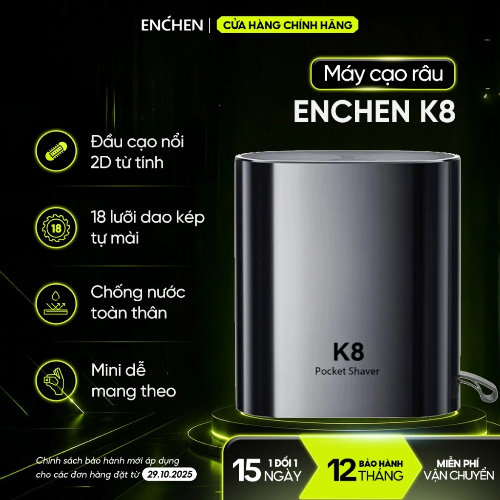 Máy cạo râu Enchen K8 đầu cạo 2D chống nước, 18 lưỡi dao tự mài, pin dùng đến 60 ngày - BH 12 tháng