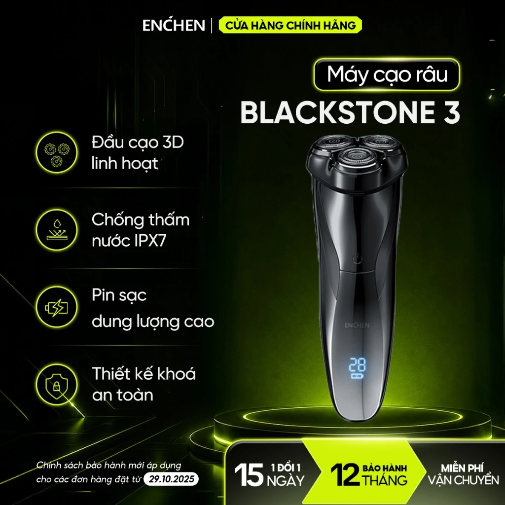 Máy cạo râu Enchen Blackstone 3, máy cạo râu chống nước IPX7, pin sạc, lưỡi dao nổi 3D - BH 12 tháng