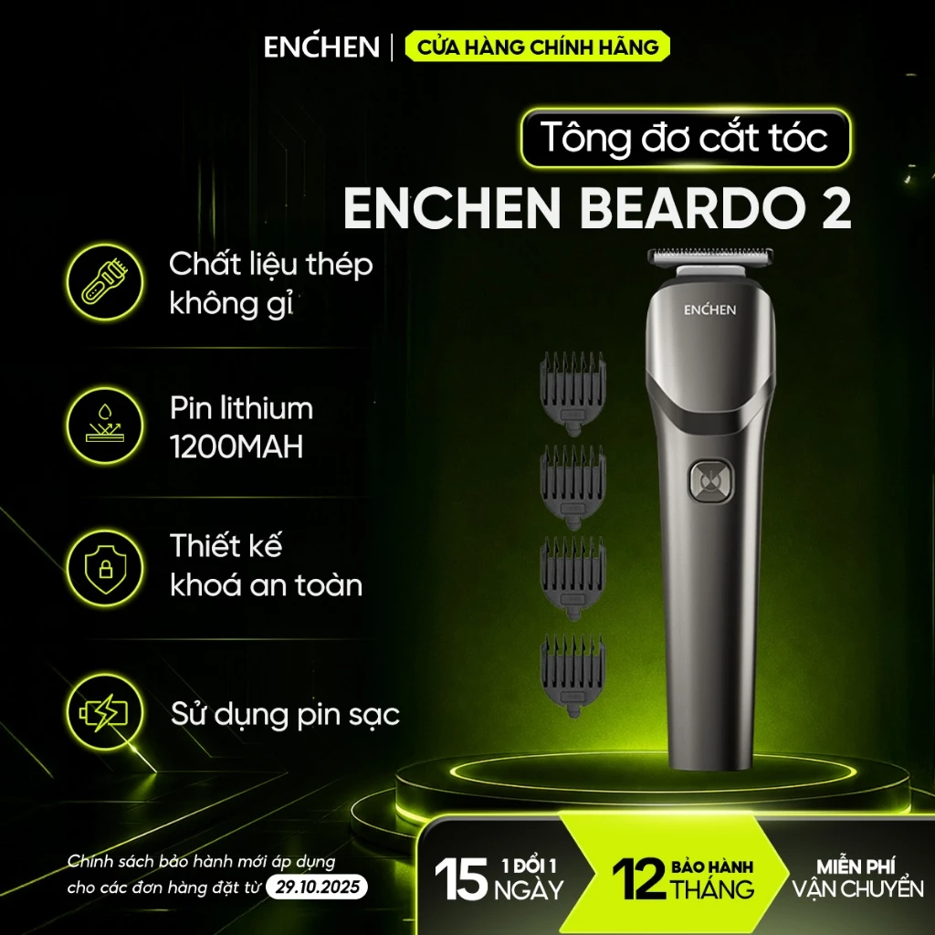Tông đơ cắt tóc Enchen Beardo 2 tốc độ cao, lưỡi thép không gỉ, tặng 4 cử tạo kiểu - BH 12 tháng