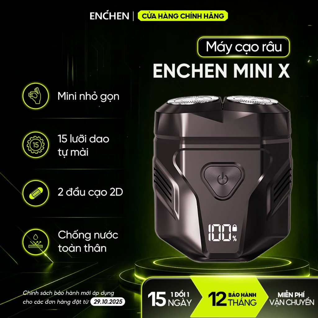 Máy cạo râu Enchen Mini X, 15 lưỡi dao tự mài, đầu cạo 3D chống nước toàn thân - BH 12 tháng