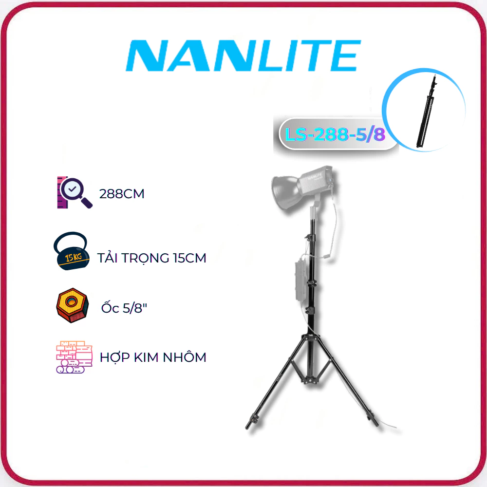 NANLITE LS-288-5/8 - Chân Đèn Chất Liệu Hợp Kim Nhôm Đầu Ốc 5/8", Tải Trọng 15Kg - Chính Hãng