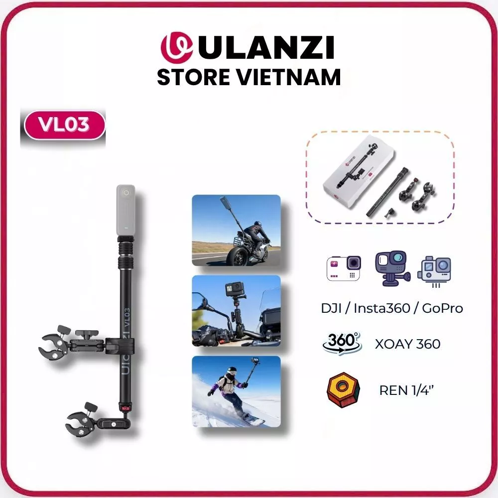ULANZI VL03 - Gậy Selfie Gắn Xe Máy Tích Hợp Ngàm Kẹp Cho Gopro Insta360