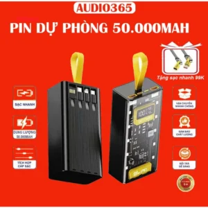 Sạc điện thoại 120W dung lượng 50.000mAh, sạc nhanh PD 22.5W, kèm 4 cáp sạc, có đèn led - AUDIO365