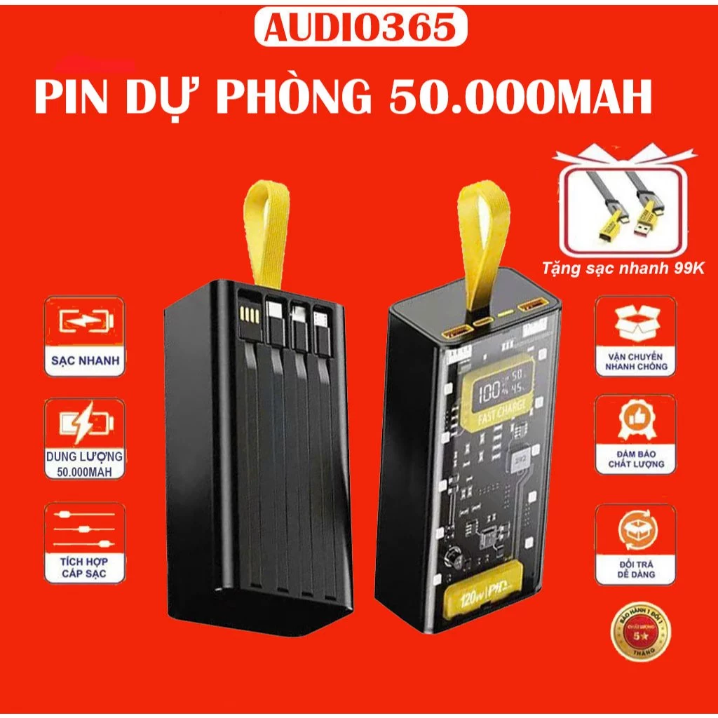 Sạc điện thoại 120W dung lượng 50.000mAh, sạc nhanh PD 22.5W, kèm 4 cáp sạc, có đèn led - AUDIO365
