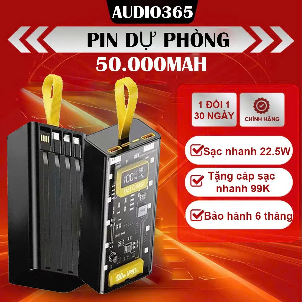 Bộ sạc điện thoại 50.000mAh, sạc nhanh PD,120W, kèm 4 cáp sạc, tích hợp đèn led, BH 6 tháng - AUDIO365