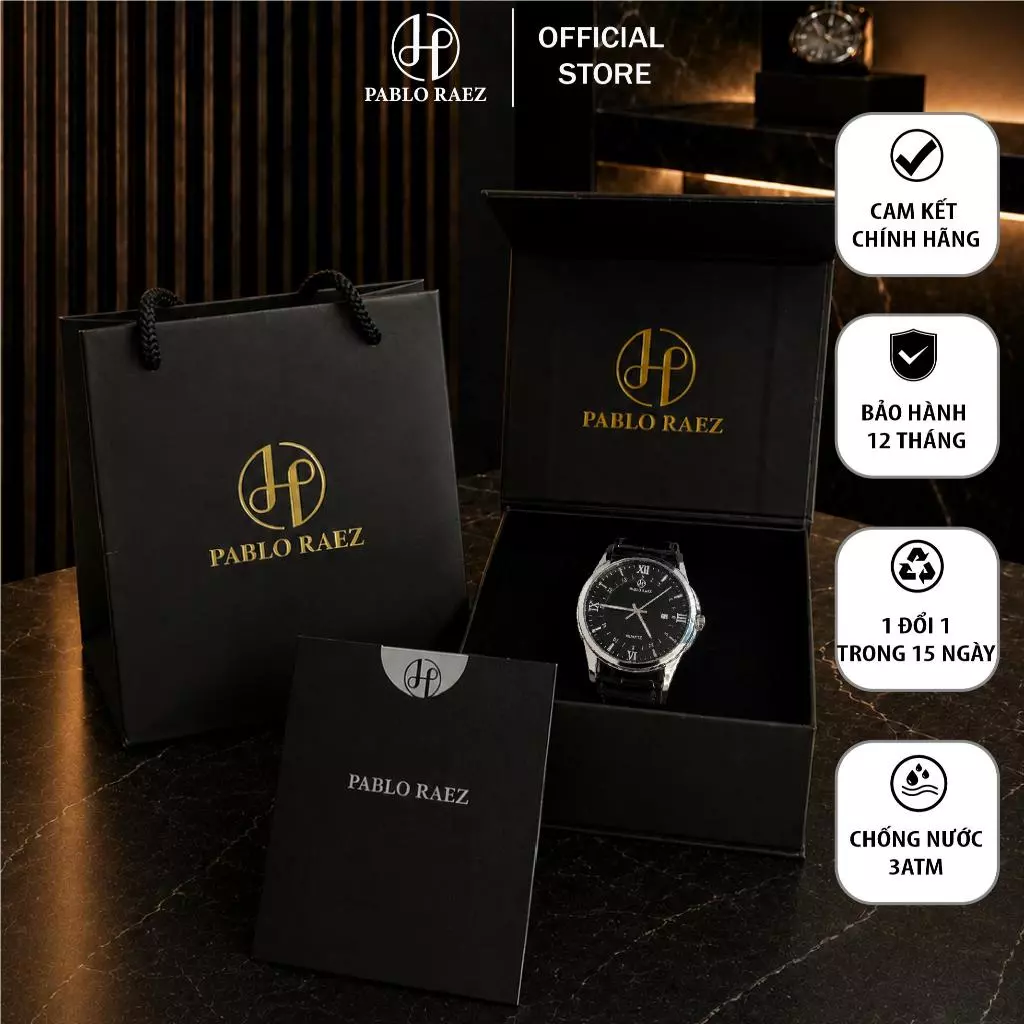 Combo quà tặng đồng hồ nam Pablo Raez U850 chính hãng chống nước 3ATM 40mm tặng kèm túi giấy , hộp nam châm và thiệp