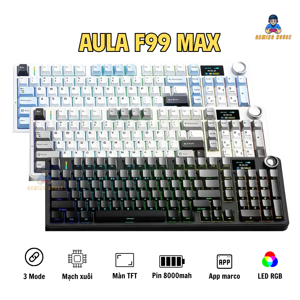 Bàn phím cơ AULA F99 MAX - 3 mode kết nối- Mạch xuôi- LED RGB- Hotswap- Hỗ trợ app - Màn hình TFT