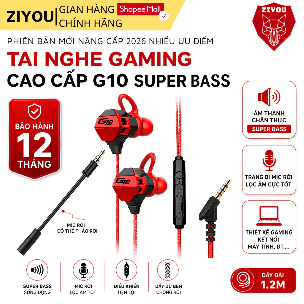 Tai Nghe Có Dây Chống Ồn Cao Cấp ZIYOU G10 Gaming Có Mic Rời Tiện Lợi Dùng Cho PC Laptop, Điện Thoại