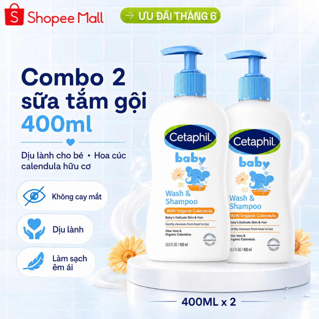 Combo 2 Sữa tắm gội cho bé Cetaphil Baby Wash & Shampoo with Organic Calendula 400ML/Chai