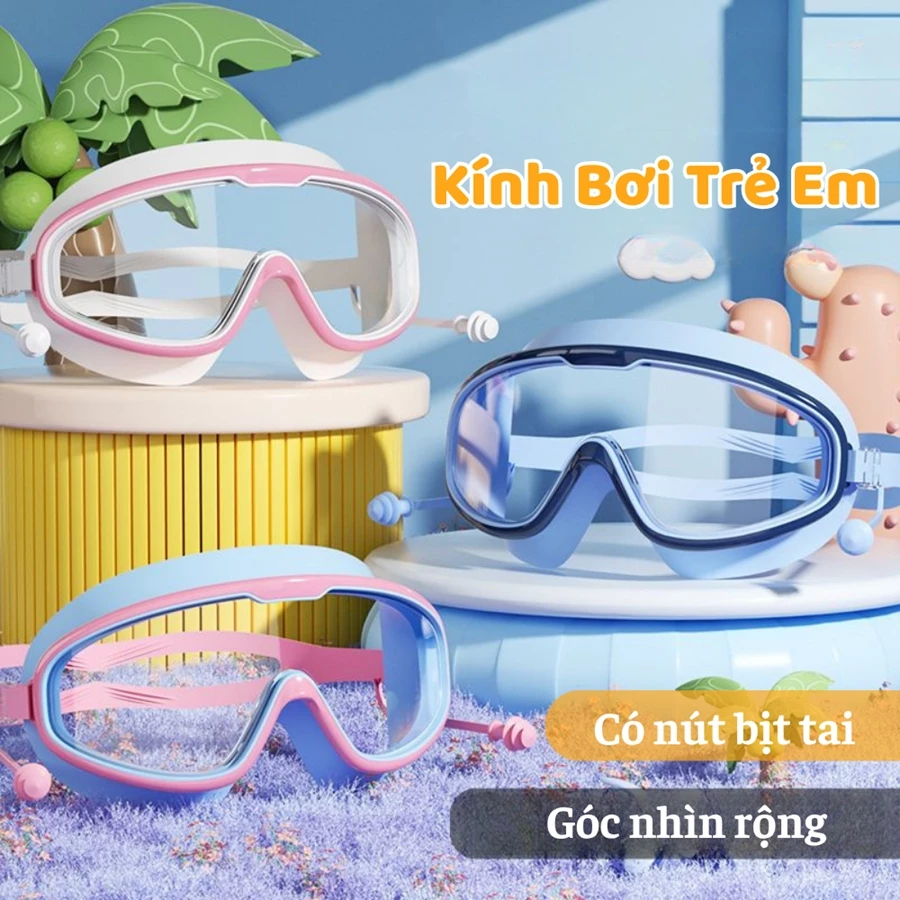 Kính Bơi Trẻ Em góc nhìn rộng có nút bịt tai Viền Silicon Mềm Mại Chống Nước Tuyệt Đối Không Đau Hằn