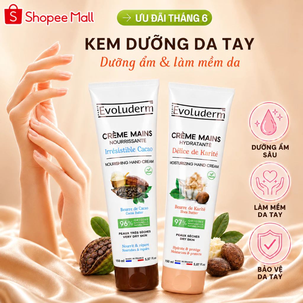 Kem dưỡng da tay EVOLUDERM - Dưỡng ẩm da tay, Dưỡng tay mềm mịn 150ml, 100ml, 50ml