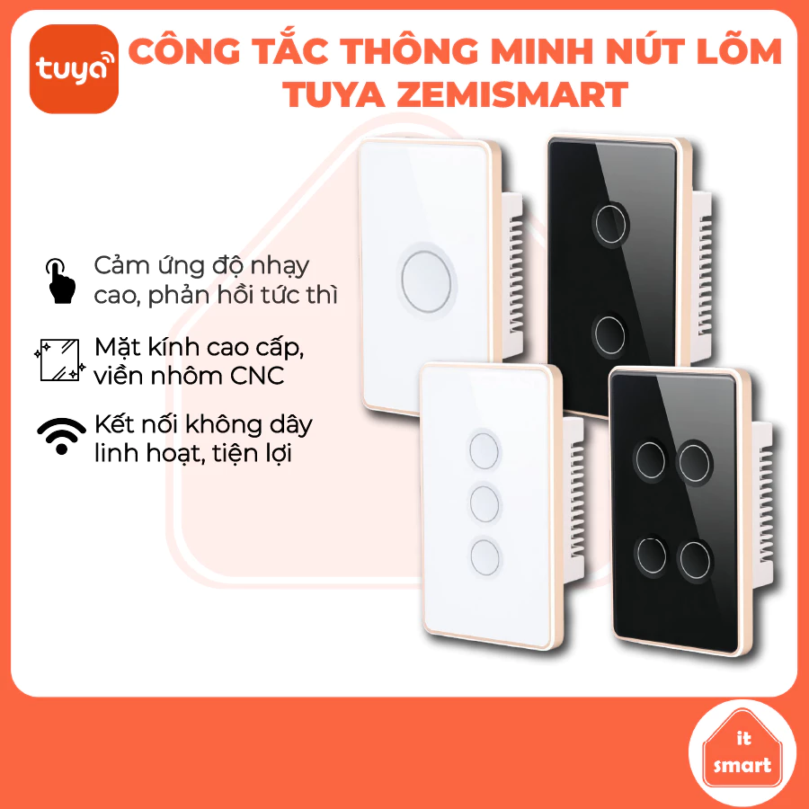 Công Tắc Thông Minh Tuya Zemismart Dent Nút Lõm Viền Vàng, Cảm Ứng, Hẹn Giờ