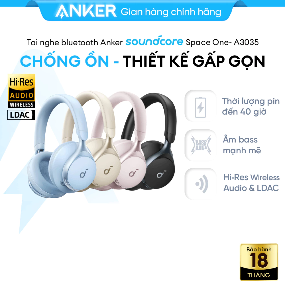 Tai nghe bluetooth soundcore Space One chống ồn chủ động tới 98%, thời lượng phát tới 40H, thiết kế gấp gọn- A3035