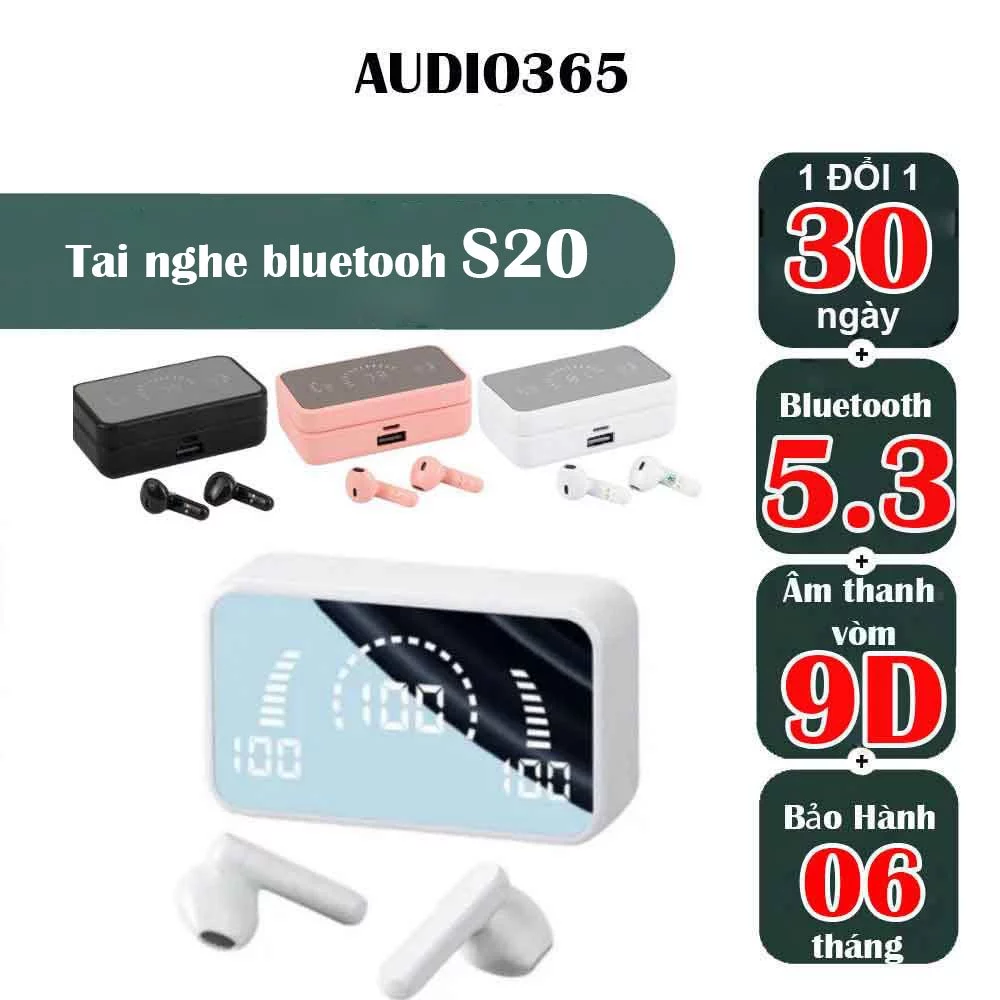 Tai nghe không dây S20 phiên bản trắng cá tính, cảm ứng, hỗ trợ mic đàm thoại, chống nước IPX5 - AUDIO365