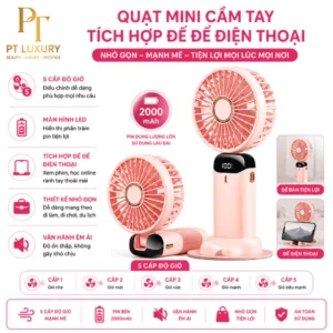 Quạt Cầm Tay Mini PTLUXURY Tích Điện ,Pin Sạc 10.000mAh,5 Tốc Độ Gió Có Dây Đeo Cổ,Đèn LED Hiển Thị Mẫu Mới