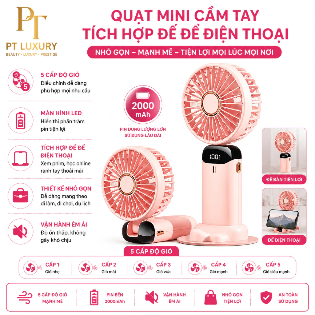 Quạt Cầm Tay Mini PTLUXURY Tích Điện ,Pin Sạc 10.000mAh,5 Tốc Độ Gió Có Dây Đeo Cổ,Đèn LED Hiển Thị Mẫu Mới