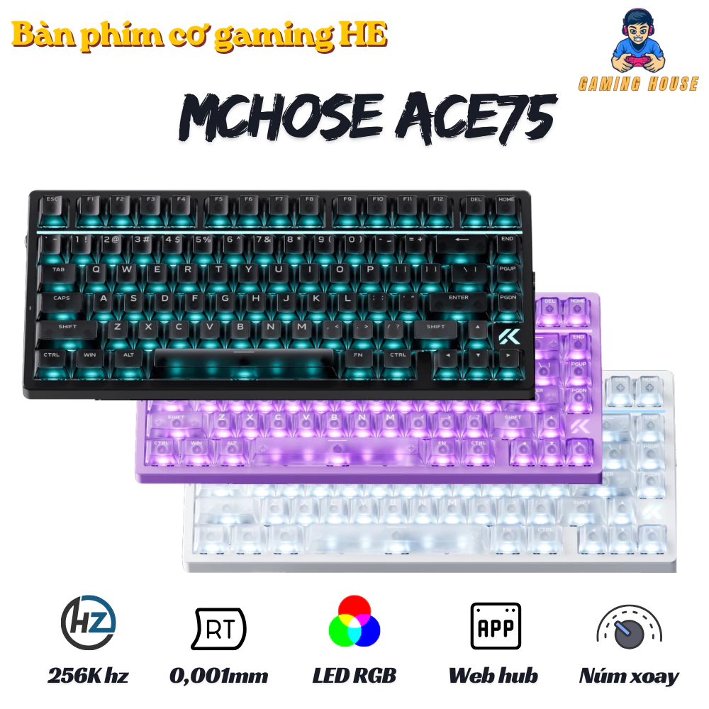 Bàn phím cơ Rapiad Trigger HE Mchose ACE75 8K poling Rate - LED RGB - App marco - Núm xoay - RT 0,1 - Plate Fr4