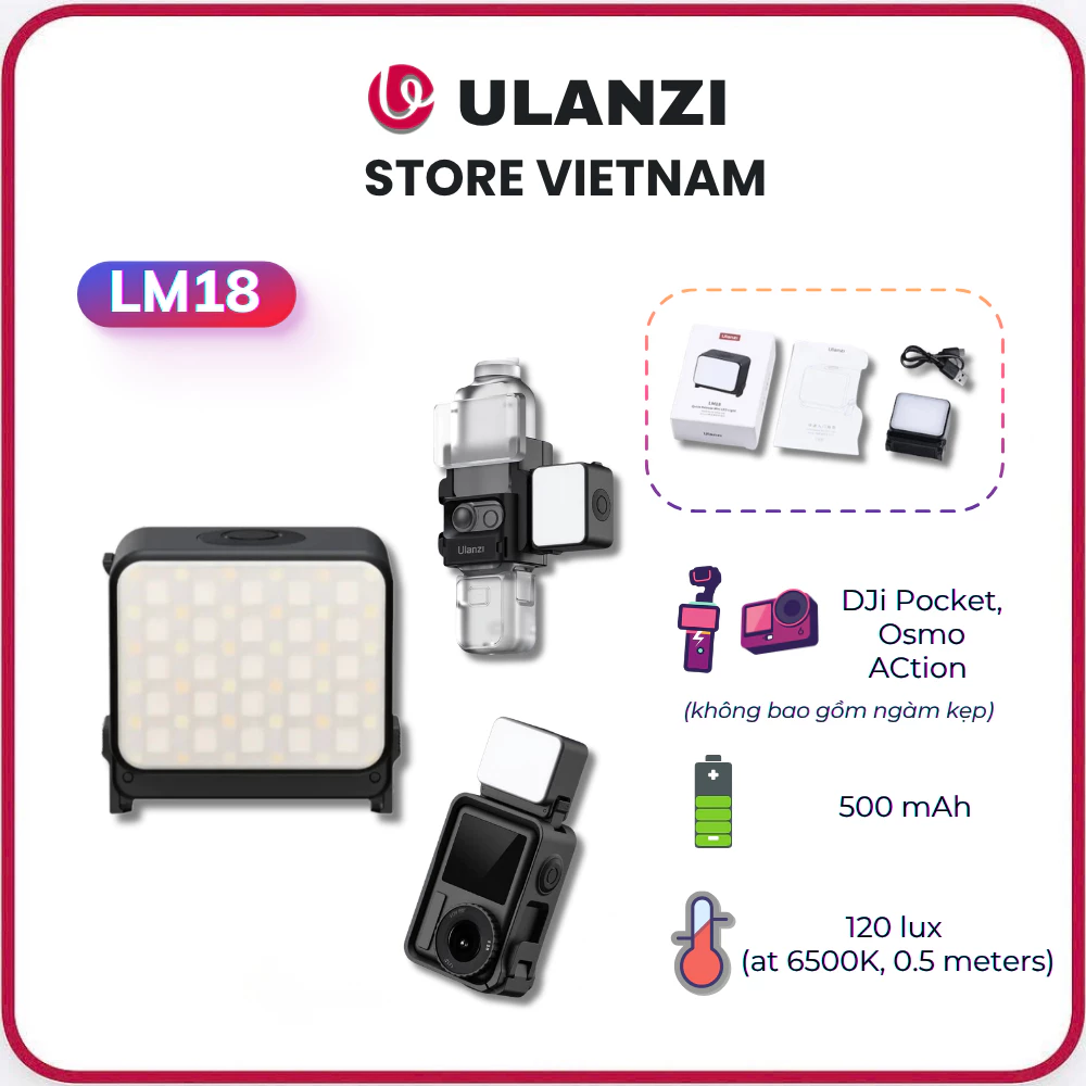 Ulanzi LM18 - Đèn LED Mini Tích Hợp Pin 500mAh Dành Cho DJI Osmo Action 3/4 & Pocket 3