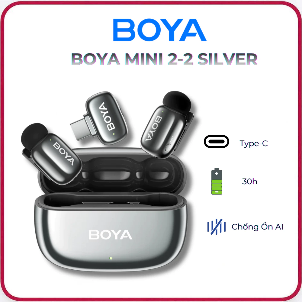 BOYA MINI 2-2 SILVER - Mic Không Dây Ve Áo AI Khử Tiếng Ồn Mic Siêu Mini Cho Vlogging Cổng Type-C