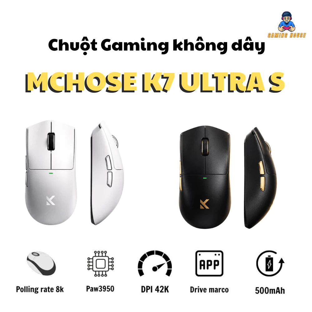 Chuột Gaming không dây Mchose K7 Ultra S - Paw3950 - 42000 DPI - 8khz - 3mode - Có app