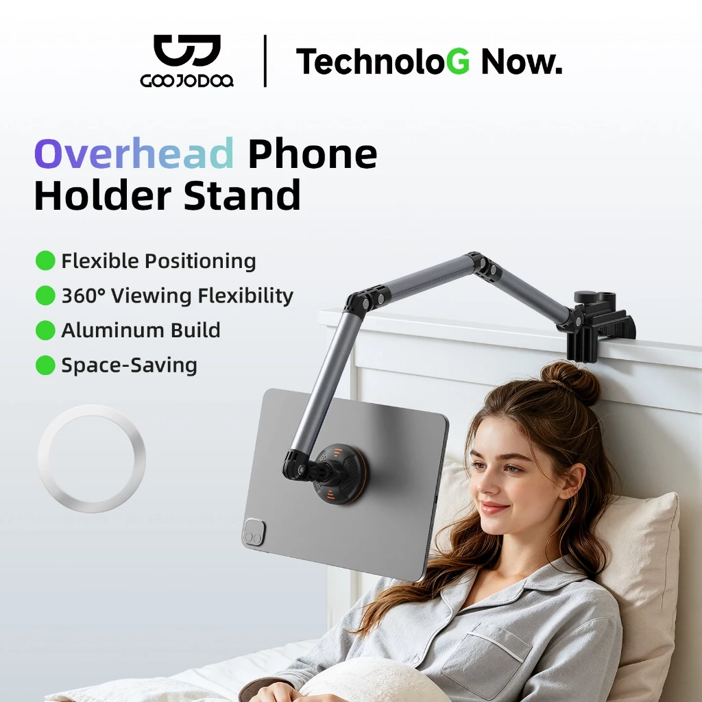 Giá đỡ điện thoại GOOJODOQ, được làm từ hợp kim nhôm với tay đỡ ba khớp linh hoạt, có thể xoay 360°