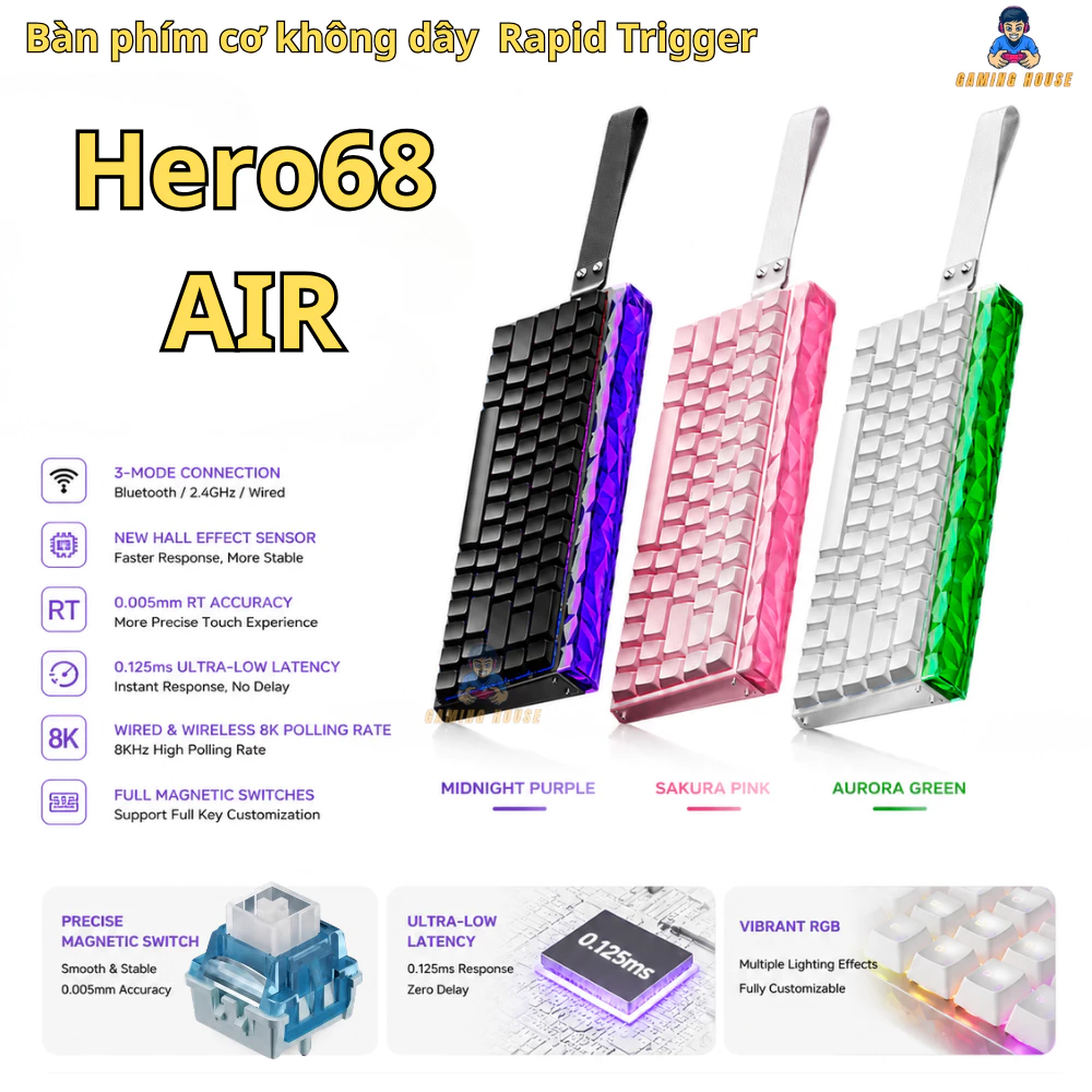 Bàn phím cơ không dây Rapid Trigger Hero68 Air - 3 mode - Poling Rate 8K - Plate Fr4 - LED RGB - Pin 6000mah