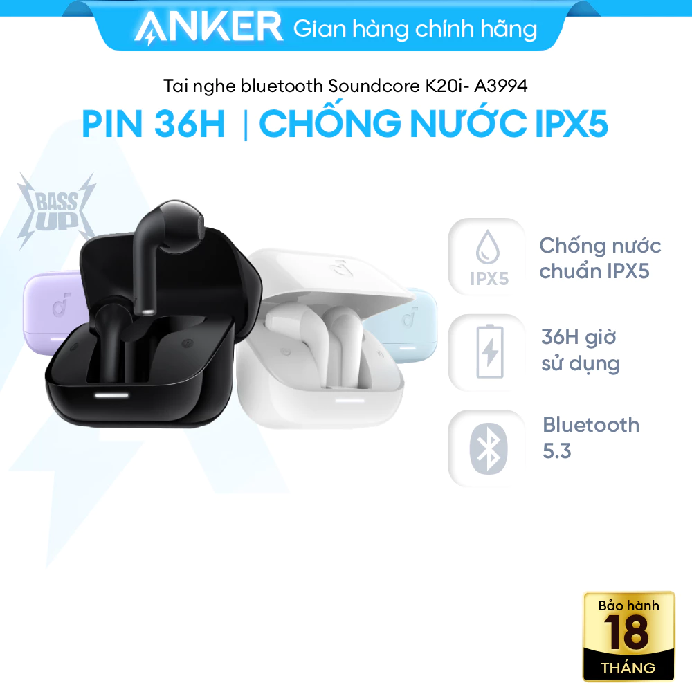 Tai nghe Soundcore bluetooth K20i Anker Bluetooth 5.3, pin 36H, chống nước IPX5, dạng bán trong tai - A3994