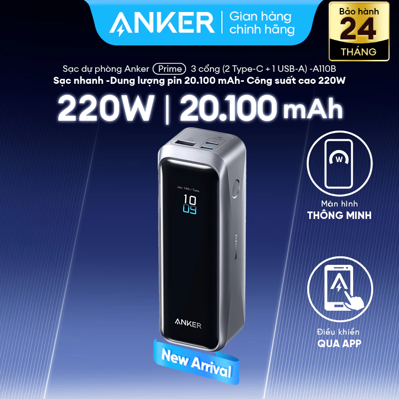 Sạc dự phòng Anker Prime 20.100mAh 220W | 3 cổng 2C1A | Hỗ trợ màn hình & App | Dành cho Laptop - A110B