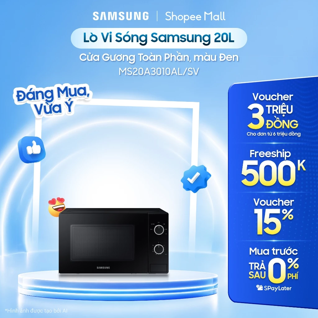 Lò Vi Sóng Samsung 20L MS20A3010AL/SV - Cửa Gương Toàn Phần, màu Đen