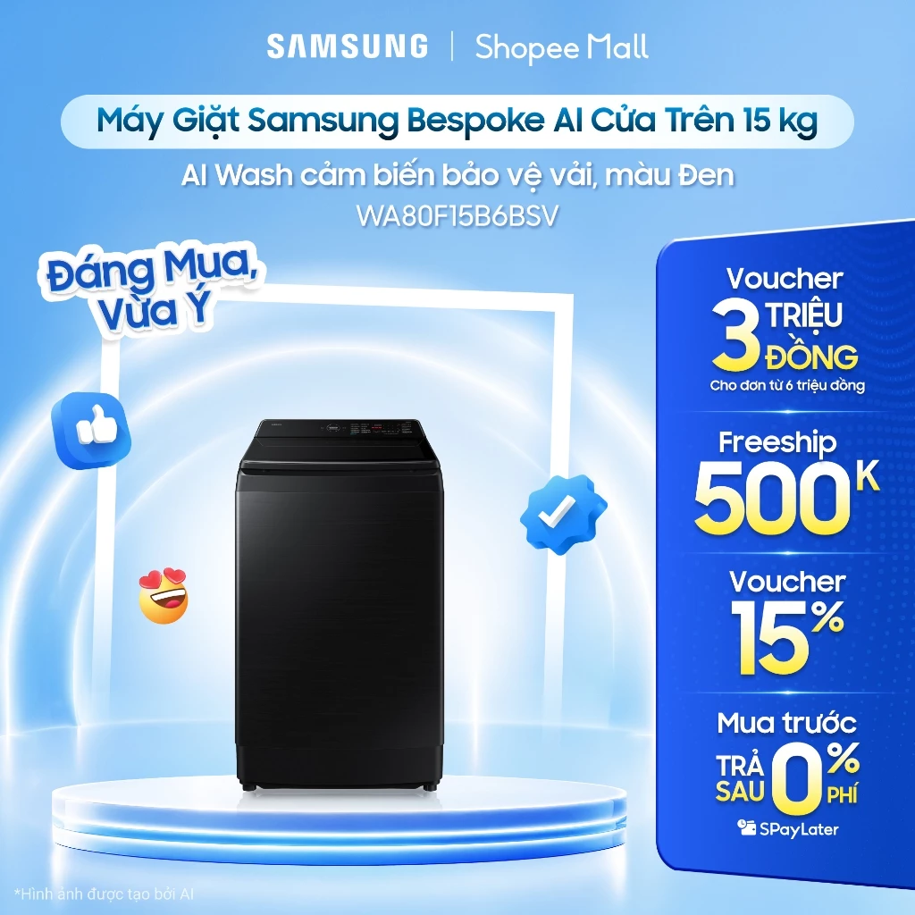Máy Giặt Samsung Bespoke AI Cửa Trên 15 kg WA80F15B6BSV - AI Wash cảm biến bảo vệ vải, màu Đen