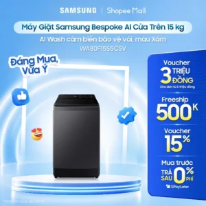 Máy Giặt Samsung Bespoke AI Cửa Trên 15 kg WA80F15S5CSV - AI Wash cảm biến bảo vệ vải, màu Xám