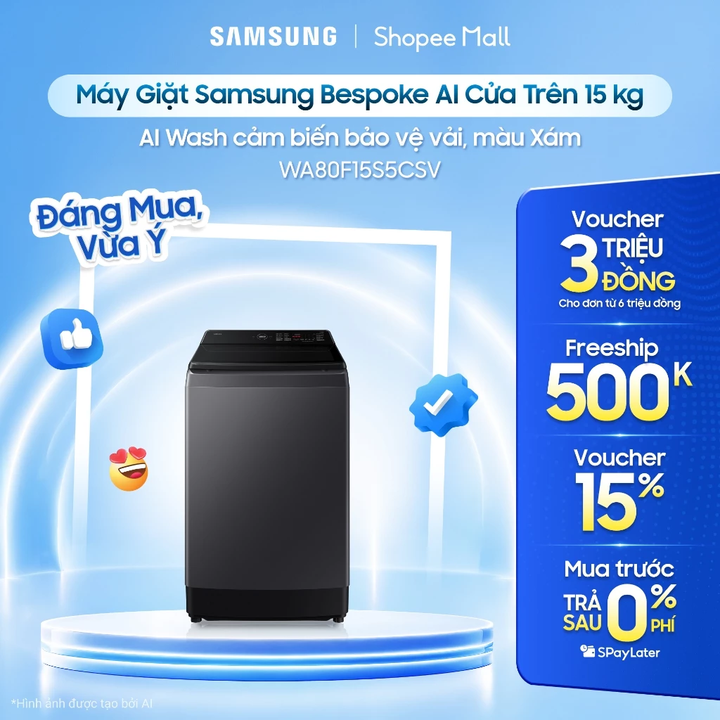 Máy Giặt Samsung Bespoke AI Cửa Trên 15 kg WA80F15S5CSV - AI Wash cảm biến bảo vệ vải, màu Xám