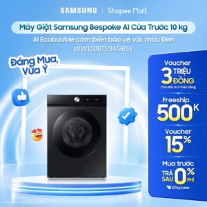 Máy giặt Samsung 10kg WW10DB7U34GBSV Bespoke AI™ - Giặt hơi nước Hygiene Steam, Màu Đen