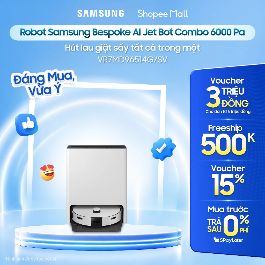 Robot Samsung Bespoke AI Jet Bot Combo 6000 Pa VR7MD96514G/SV - Hút lau giặt sấy tất cả trong một