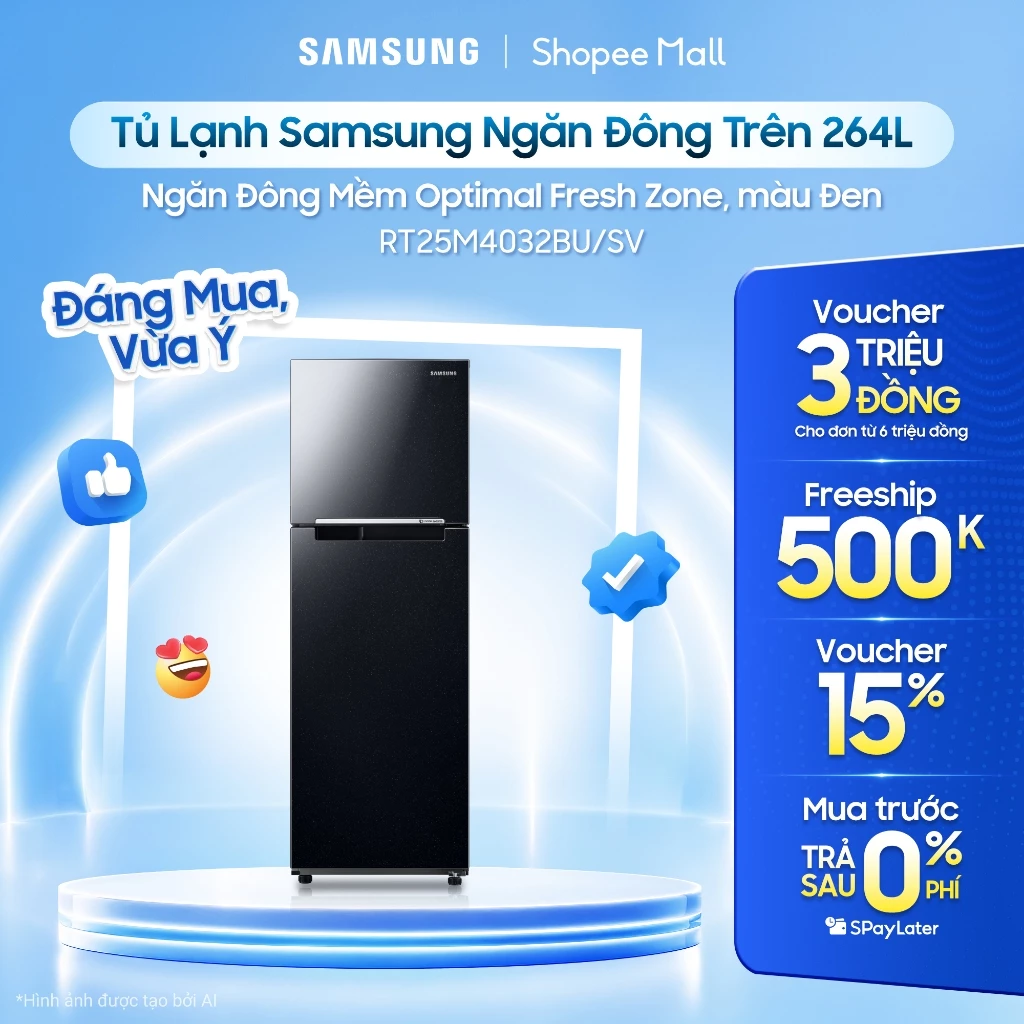 Tủ Lạnh Samsung Ngăn Đông Trên 264L RT25M4032BU/SV - Ngăn Đông Mềm Optimal Fresh Zone, màu Đen